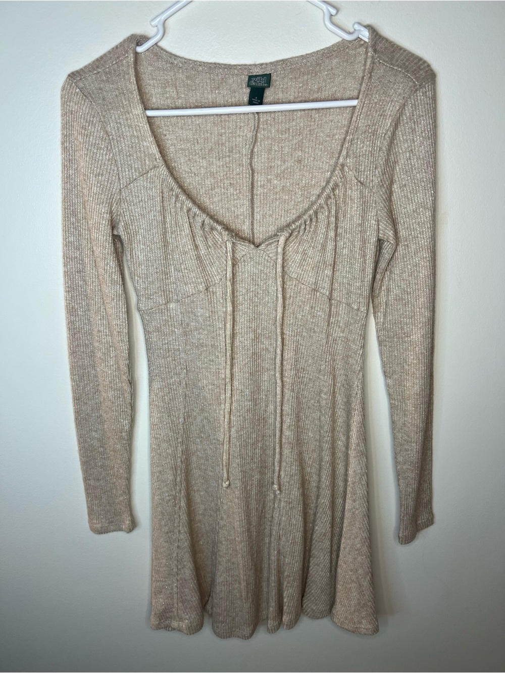 Wild Fable Beige with Gold Sparkles Ribbed Long Sleeve Tie-Front Mini Dress